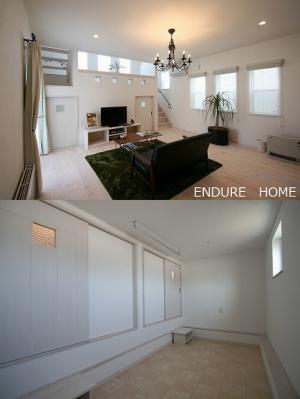 室内も白を基調にし、とても明るい室内に☆
下の画像は、中二階の下部分を利用した
たっぷりの収納に！基礎断熱で施工していますので、床下も自由に使えます！