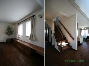 左◇リビングの脇にあるこちらのスペースは
腰かけにも、床に座ってパソコンスペースにも♪
右◇階段のアイアン手摺は手作りです✿