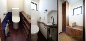 左◇１階トイレ　腰壁部分にはタイルを
中央◇２階トイレ　おしゃれな輸入水栓が！
右◇脱衣場　タオルなどおける収納がたっぷり！