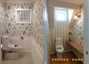 サニタリースペース
素敵な柄の輸入クロスで
左側は爽やかな雰囲気に
右側は落ち着いた雰囲気に
仕上がりました☆彡