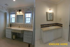 洗面所　支給品の輸入クロスで空間をアレンジ。上品で清潔な空間に仕上がりました