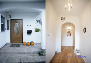 輸入の玄関ドアが目を引く素敵なポーチ
玄関ホールも広々と設け
おしゃれに飾ったニッチが目を引きます✿