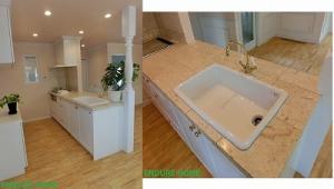 キッチンも手造り、シェルストーンの天板にゴールドの水栓がオシャレです