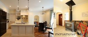 リビング空間の中心に位置するのがキッチン
ダイニングの床は一部をヘリンボーンにし、土間空間にはご主人さまこだわりの薪ストーブも設置し、こだわりの空間が出来上がりました＊