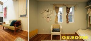 薄いブルーの塗り壁にホワイトの絵画や家具がマッチしています♪清潔感があり素敵です(^^)
カーテンはストールを使用しているのですが
何とも素敵です!!ひとつひとつの幅が狭い窓ですと自由にインテリアも楽しめますね♪