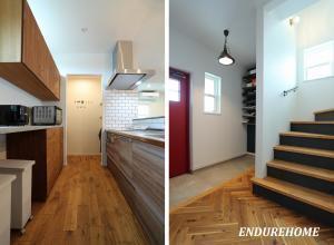 造作の食器棚。室内に合わせた材種に変え統一感を出しています。
パントリーの一部にはマグネットの下地を
はりお子様のお手紙など壁に貼って確認できます♪