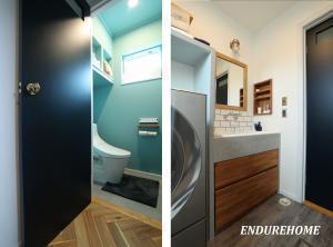 トイレと洗面のドアは造作でつくりました◎
洗面台も造作で造り、天板には防水性や強固性もある内装用特殊塗り壁材を塗装しました♪